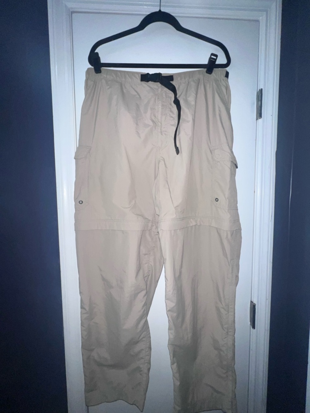 REI Men's Convertible Cargo Pants in Beige with Black Belt